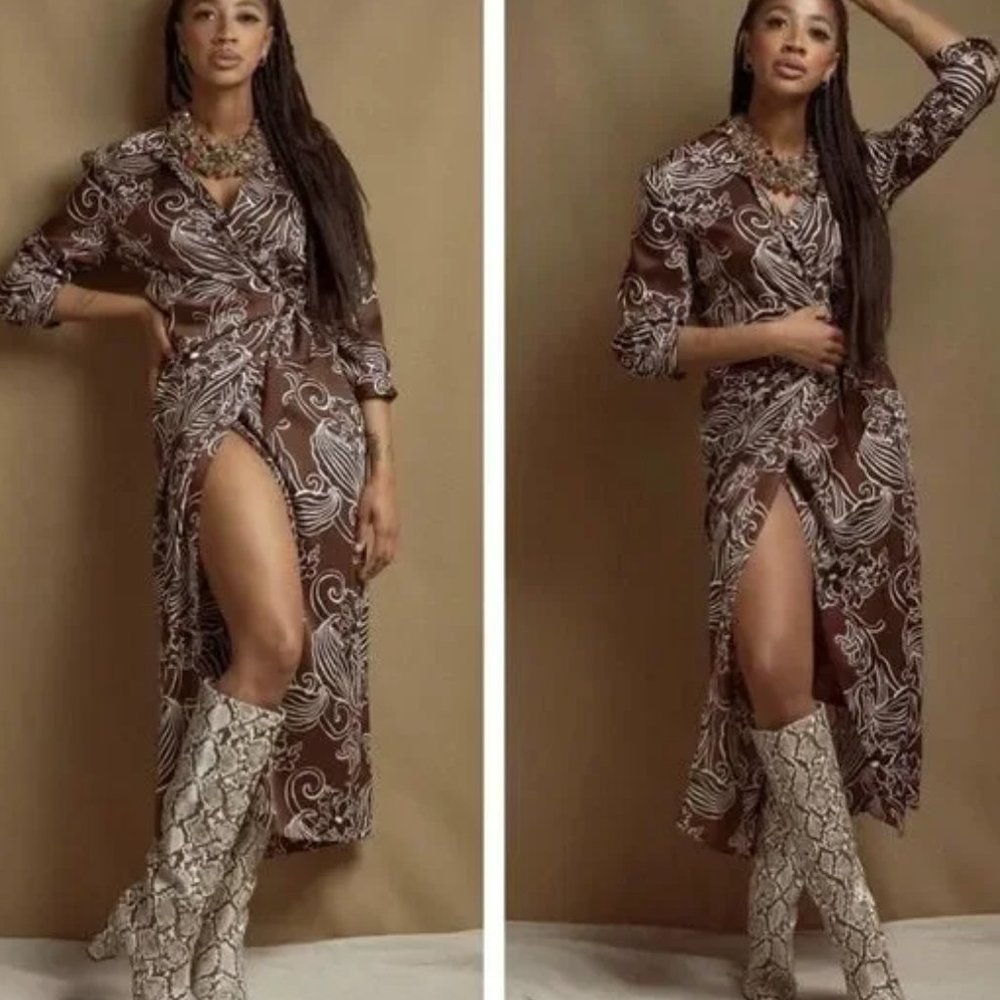 Zara Black & Brown Printed Satin Wrap Dress